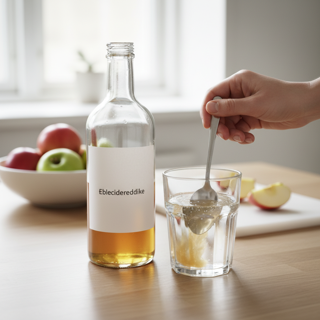 Et glas vand med en ske æblecidereddike, der blandes i, og en flaske æblecidereddike samt friske æbler i baggrunden.