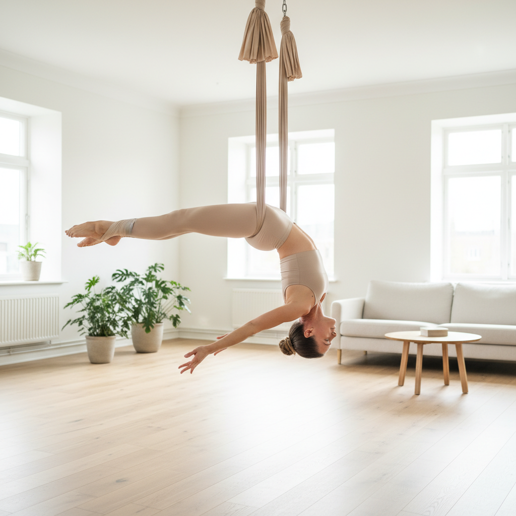 Kvinde i 30'erne udfører en elegant, omvendt aerial yoga stilling, hvor hun hænger i en lilla silkeslynge med udstrakte arme i et lyst hjemmestudie.