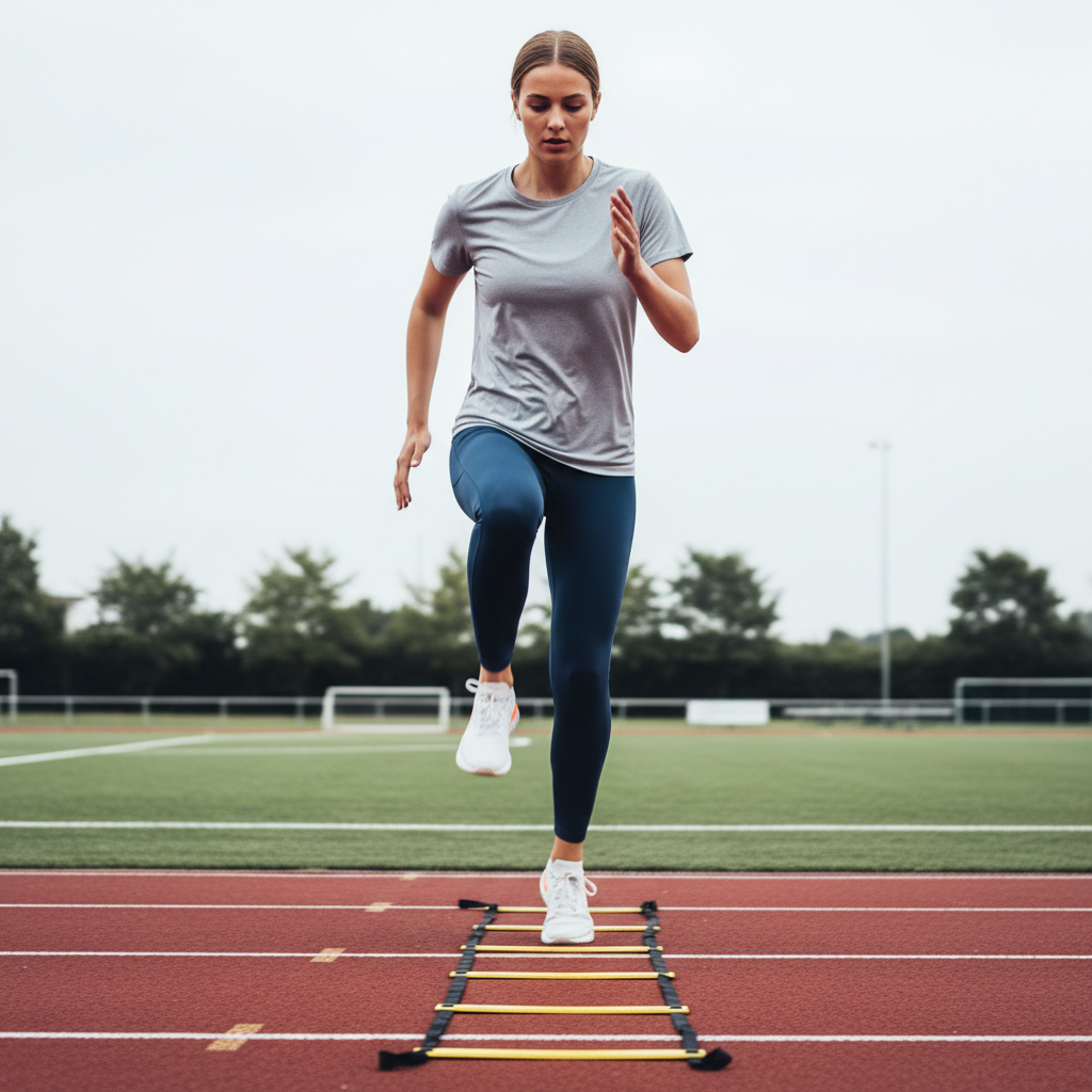 En atlet udfører en 'two-in, two-out' øvelse på en agilitystige placeret på en atletisk løbebane, med fokus på hurtigt fodarbejde.