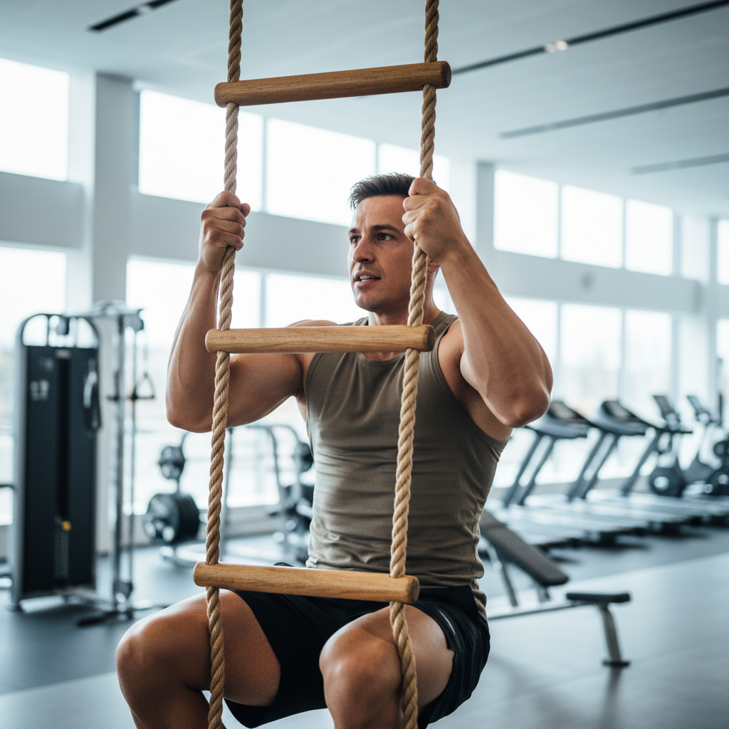 En muskuløs person klatrer op ad en hængende rebstige i et moderne fitnesscenter, med fokus på overkropsstyrke og greb.