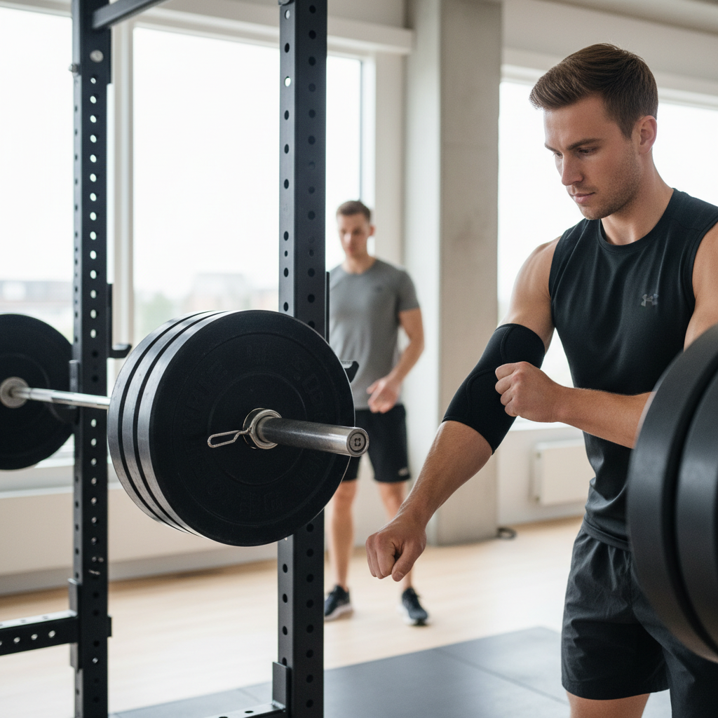 En person tager strategisk albuebind på, lige før de udfører en tung bænkpres i et fitnesscenter.