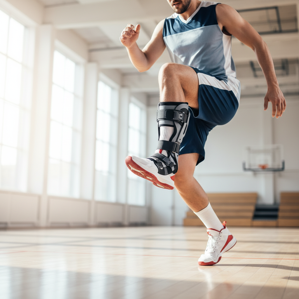 En basketballspiller med en synlig ankelskinne lander efter et spring, hvilket demonstrerer skinnens stabiliserende funktion midt i en intens sports situation