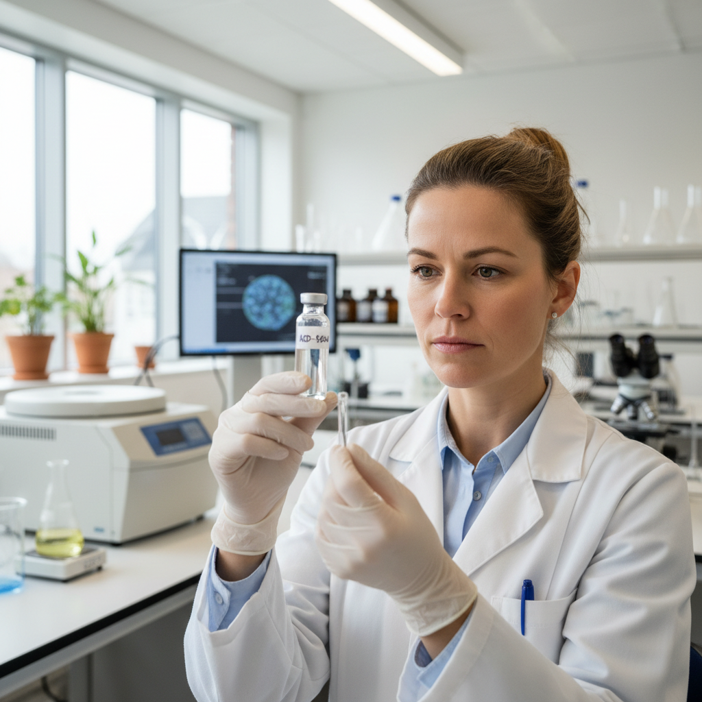 En videnskabsmand i laboratoriet ser på et reagensglas mærket AOD-9604, som repræsenterer forskning i nye peptider.