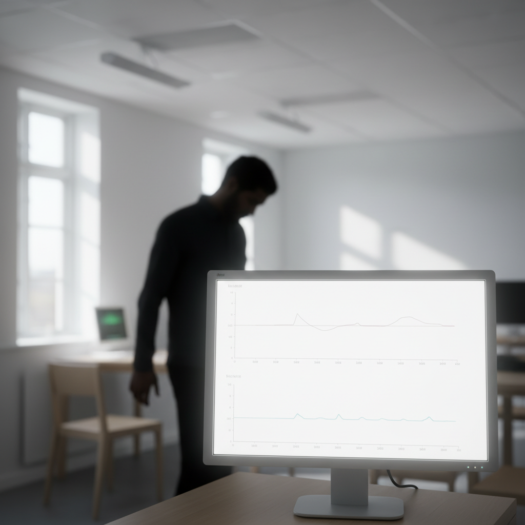 Diagrammer på en computerskærm viser flade linjer, der symboliserer manglende vægttab, med en skuffet forsker i baggrunden.
