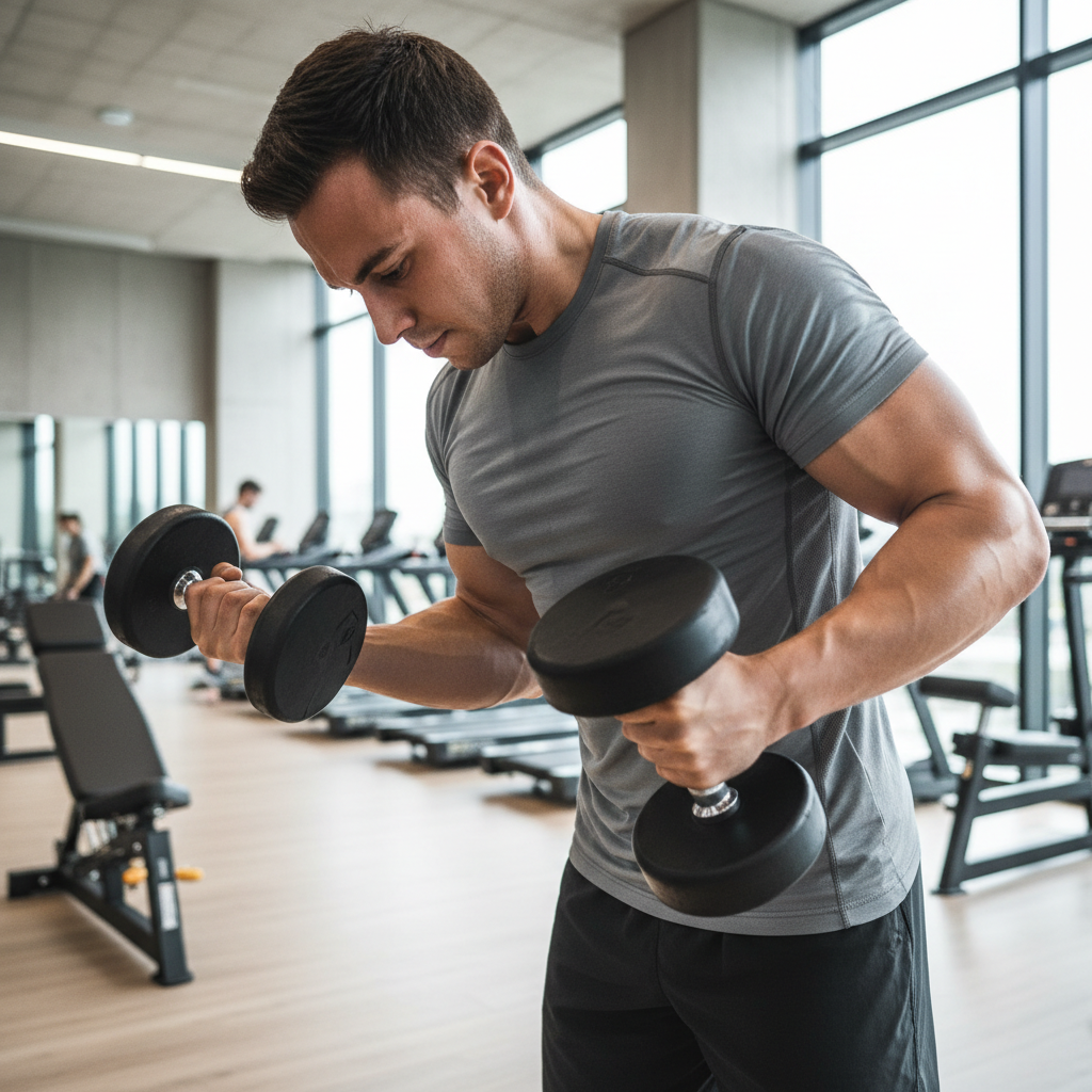 En person løfter tunge håndvægte i et fitnesscenter, med fokus på muskelengagement og koncentration.