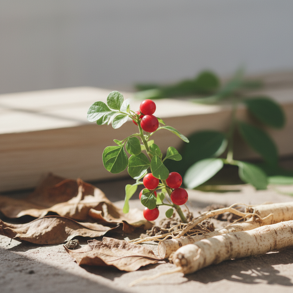 En ashwagandha-plante med karakteristiske grønne blade og små røde bær i et naturligt, roligt miljø.