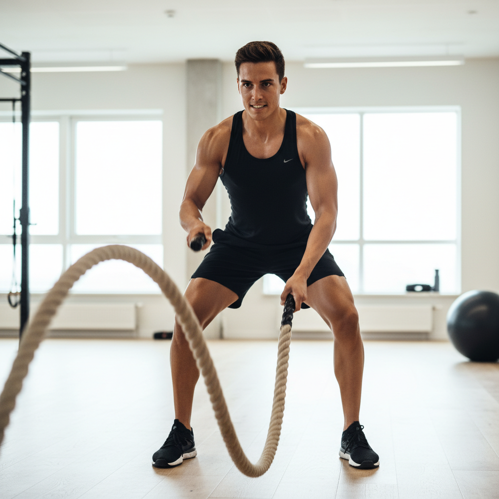En person laver battle rope 'alternating waves' i et fitnesscenter, hvor dynamiske bølger ses bevæge sig gennem rebet op mod forankringspunktet.