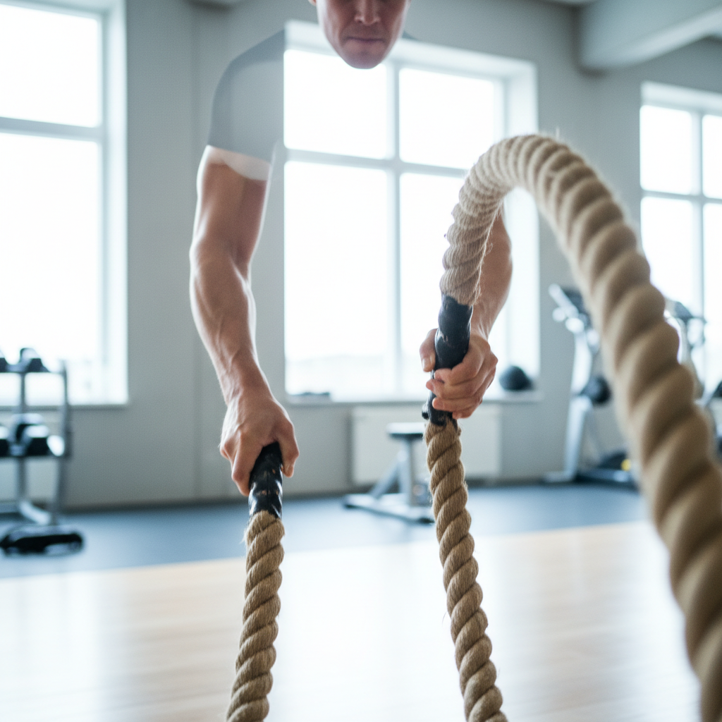 Nærbillede af en persons hænder, der griber hårdt fat om tykke battle ropes, hvilket illustrerer den intense grebsstyrke, der kræves.