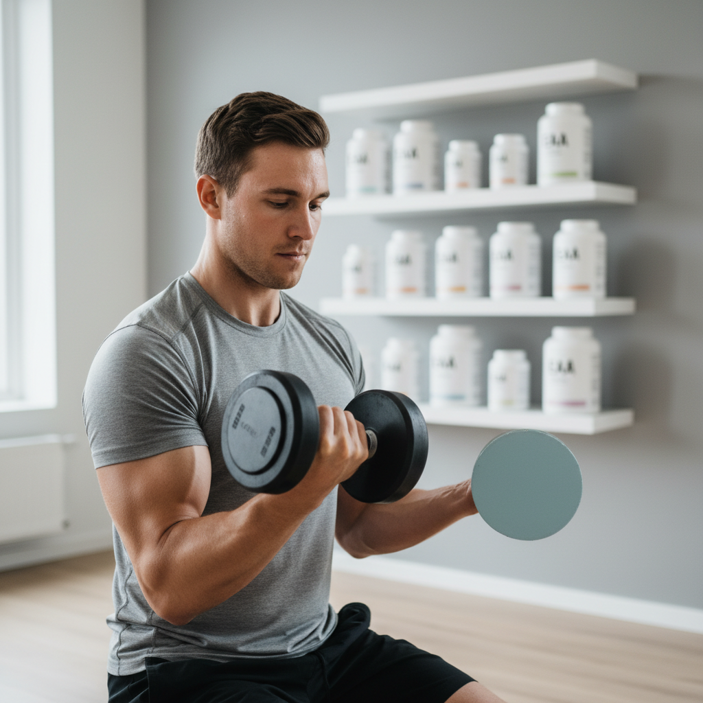 En fokuseret atlet løfter en håndvægt under en intens biceps-curl, med et udvalg af kosttilskud i baggrunden.