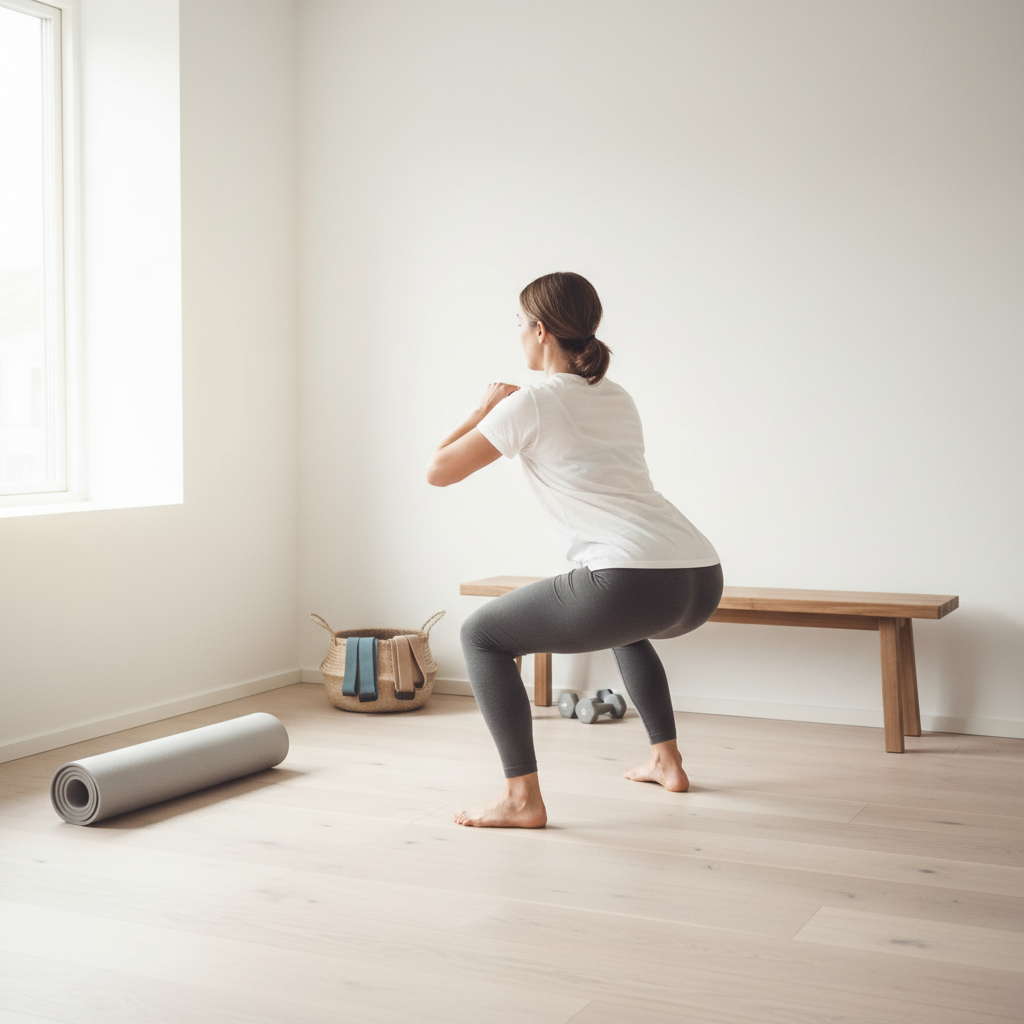 En person udfører en squat i et ryddeligt hjemmegym med minimalt udstyr, der viser effektiv hjemmetræning.