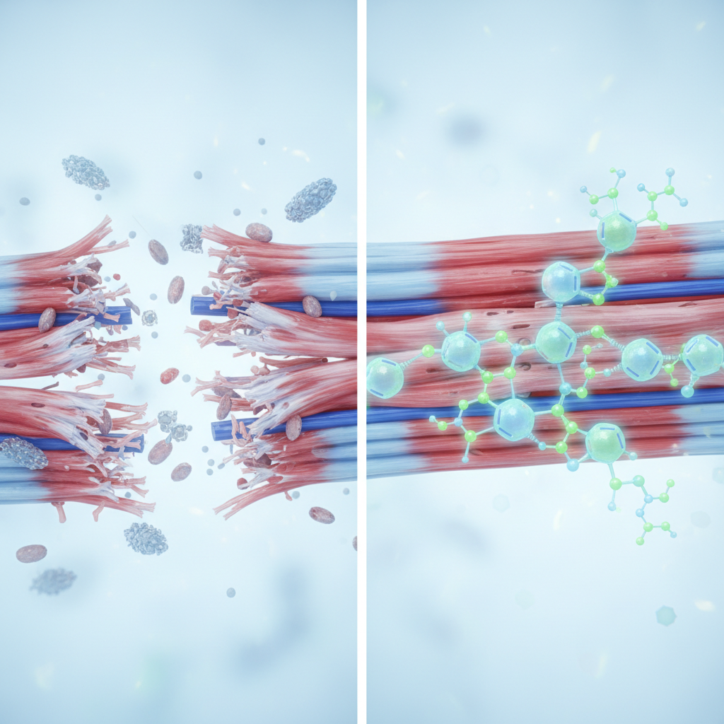 Illustration der viser muskelproteinsyntese, hvor leucin, isoleucin og valin (BCAA) molekyler integreres i en muskelcelle.