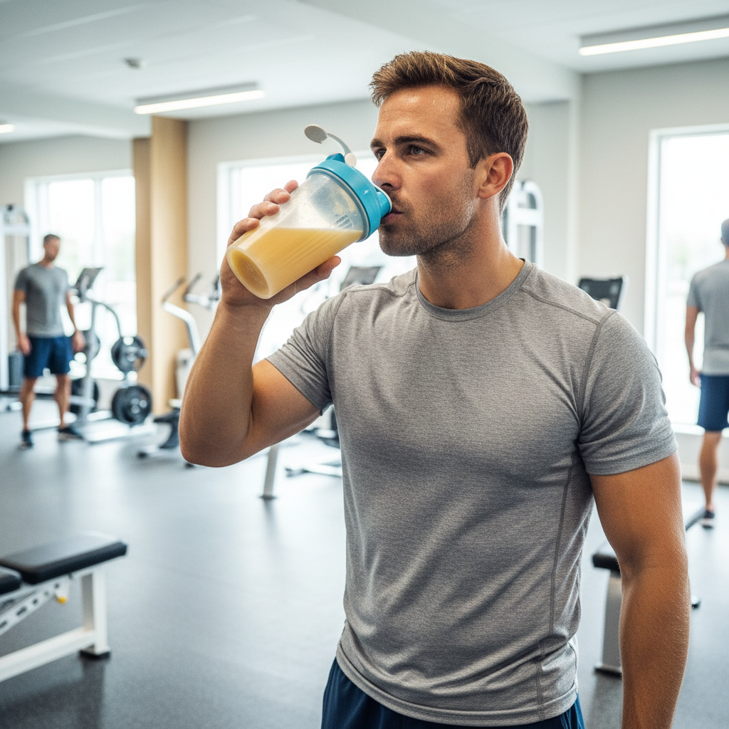 En person drikker et BCAA-tilskud fra en shaker flaske under en intens træning i et fitnesscenter.