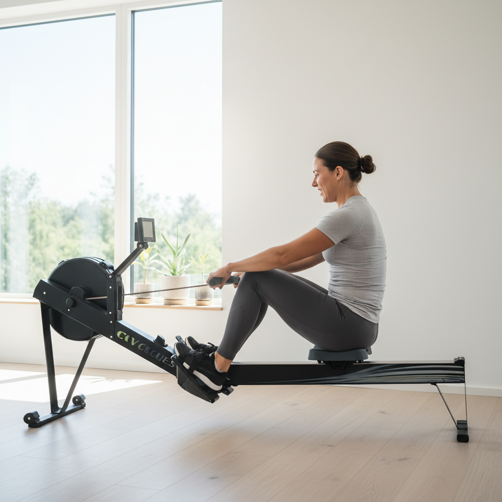 En person forbrænder kalorier på en romaskine i et moderne hjemmegym. Personen viser god teknik og en intens træning.
