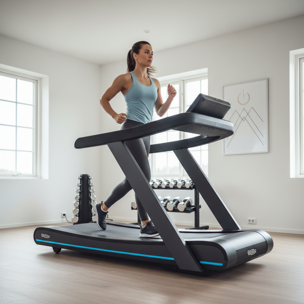 En energisk løber på et løbebånd i et hjemmegym, fokuseret på sin træning.