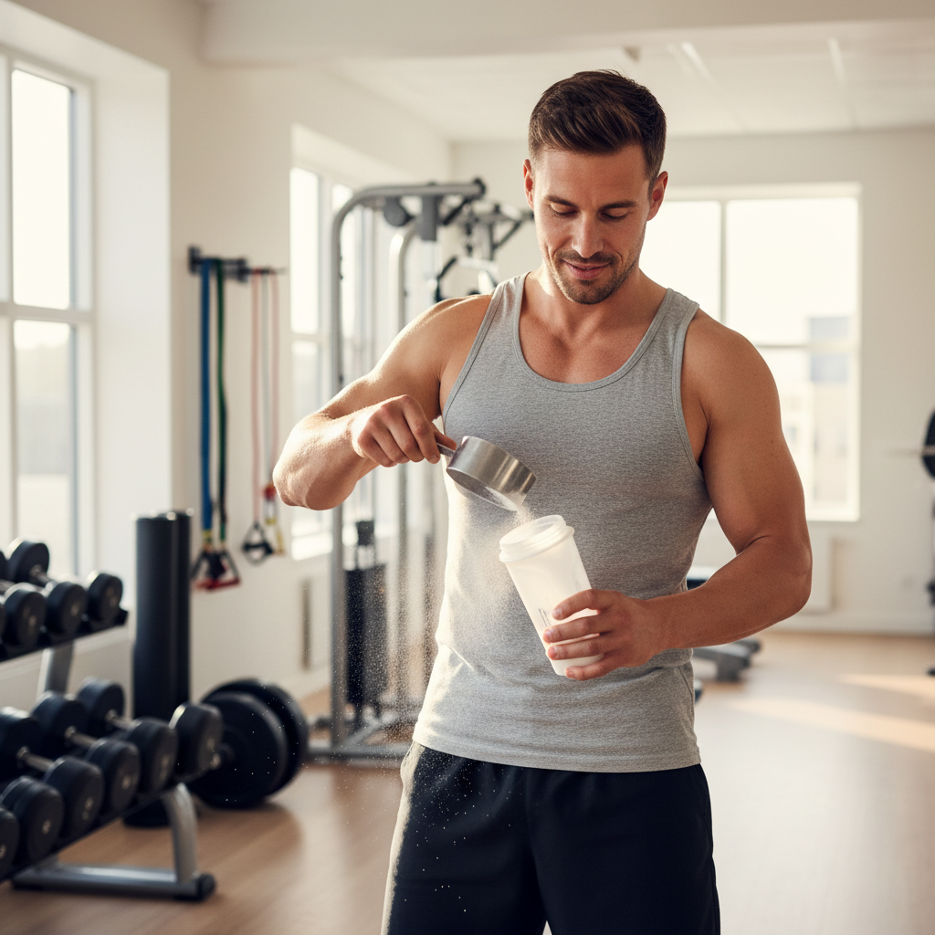 En muskuløs mand i et fitnesscenter fylder proteinpulver i en shakerflaske, med andre træningsredskaber i baggrunden.