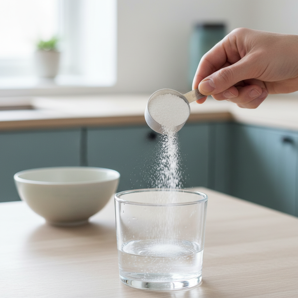 Hånd holder en lille skefuld kreatinpulver over et glas vand, klar til at blive blandet.