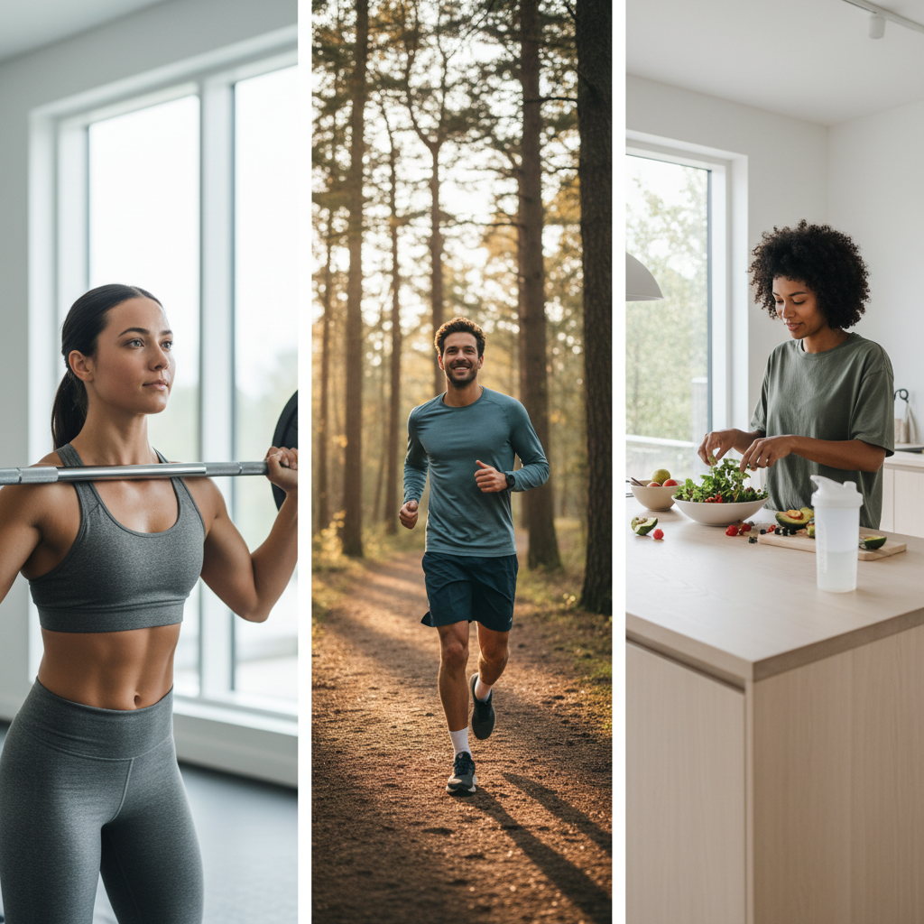 En aktiv person styrketræner i fitnesscenter, en anden løber udendørs, og en tredje forbereder et næringsrigt måltid i køkkenet. En shakerflaske står på køkkenbordet.