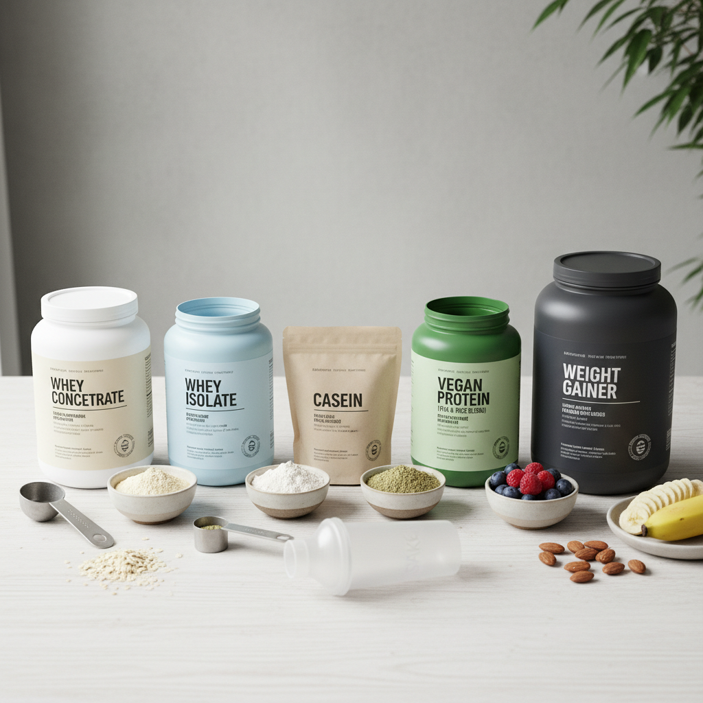 Flere beholdere med forskellige typer proteinpulver, blandt andet whey concentrate, isolat, kasein og vegansk protein. Der er små skåle med pulvertekstur og måleskeer.