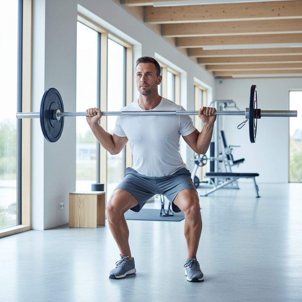 En muskuløs mand løfter vægte i et fitnesscenter, fokuseret på sin træning.