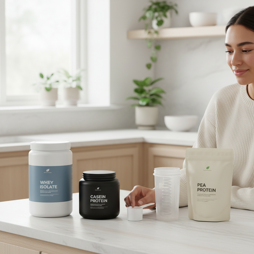 Forskellige beholdere med proteinpulver (valleisolat, kasein, ærteprotein) og en shakerflaske på en køkkenbordplade.