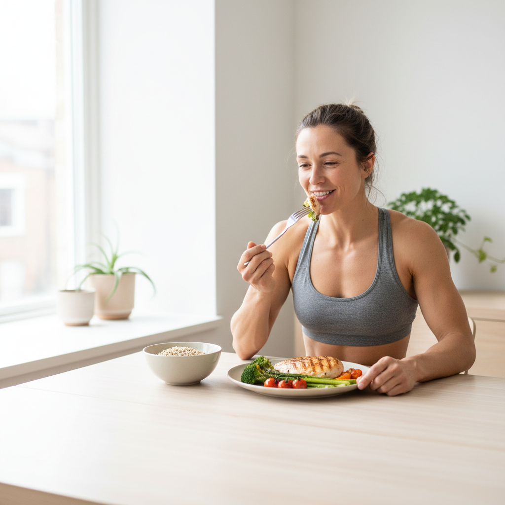 En person spiser et mættende, proteinrigt måltid bestående af kylling og grøntsager, som illustrerer fordelene ved protein for vægttab.