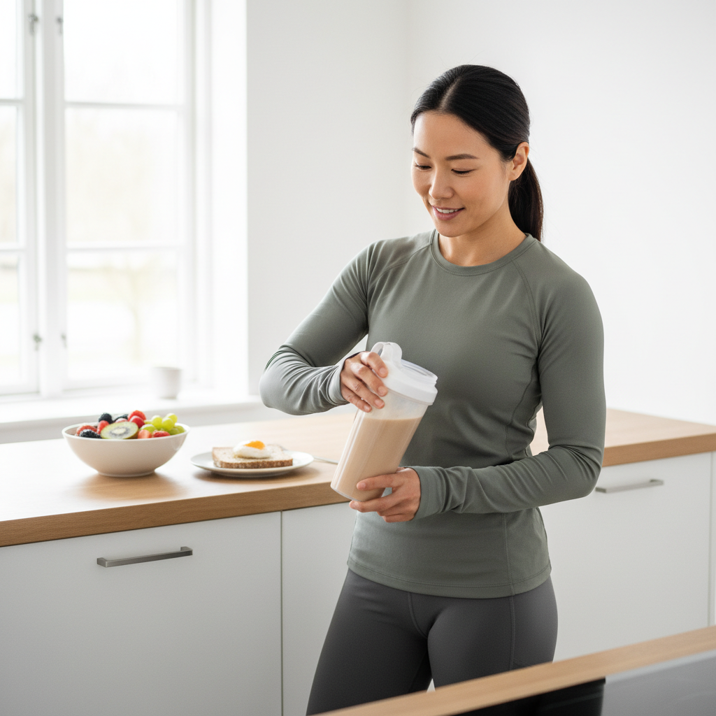 En person i sportstøj blander en proteinshake i et moderne køkken
