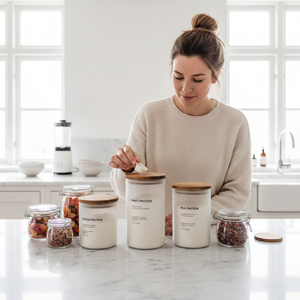 Tre forskellige beholdere med proteinpulver (valle, kasein, ærteprotein) arrangeret på et køkkenbord