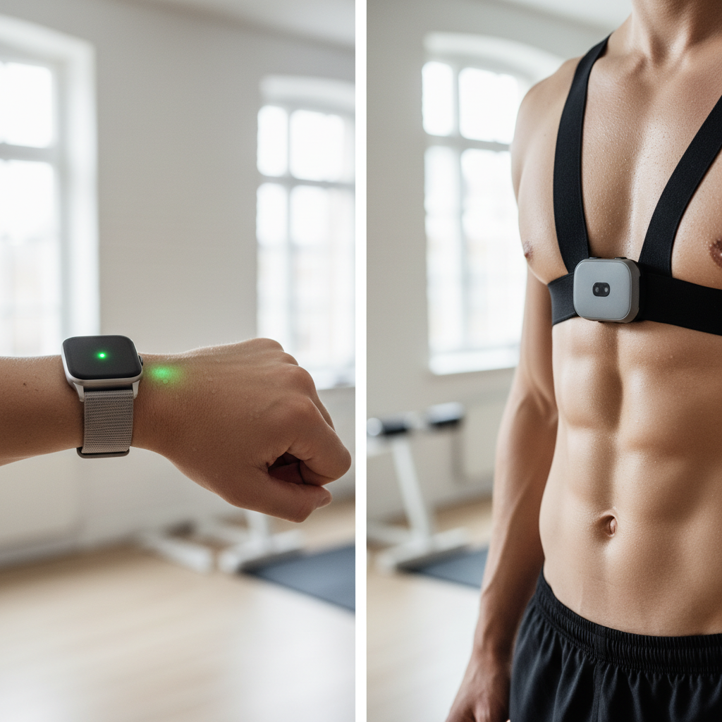 Sammenligning af pulsmåling: et pulsur med optisk sensor på et håndled kontra en brystrem rundt om en atlets bryst.