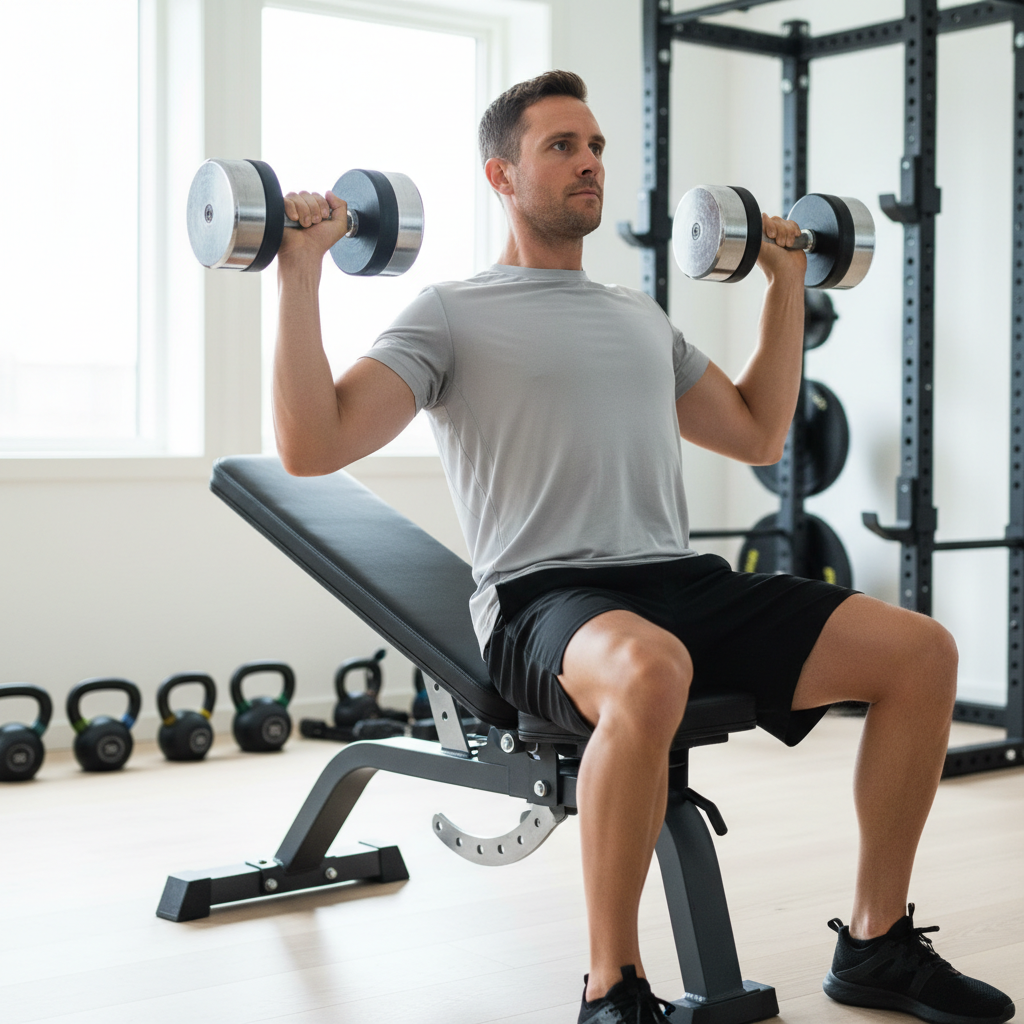 En person udfører incline dumbbell press på en justerbar træningsbænk med fokus og god teknik