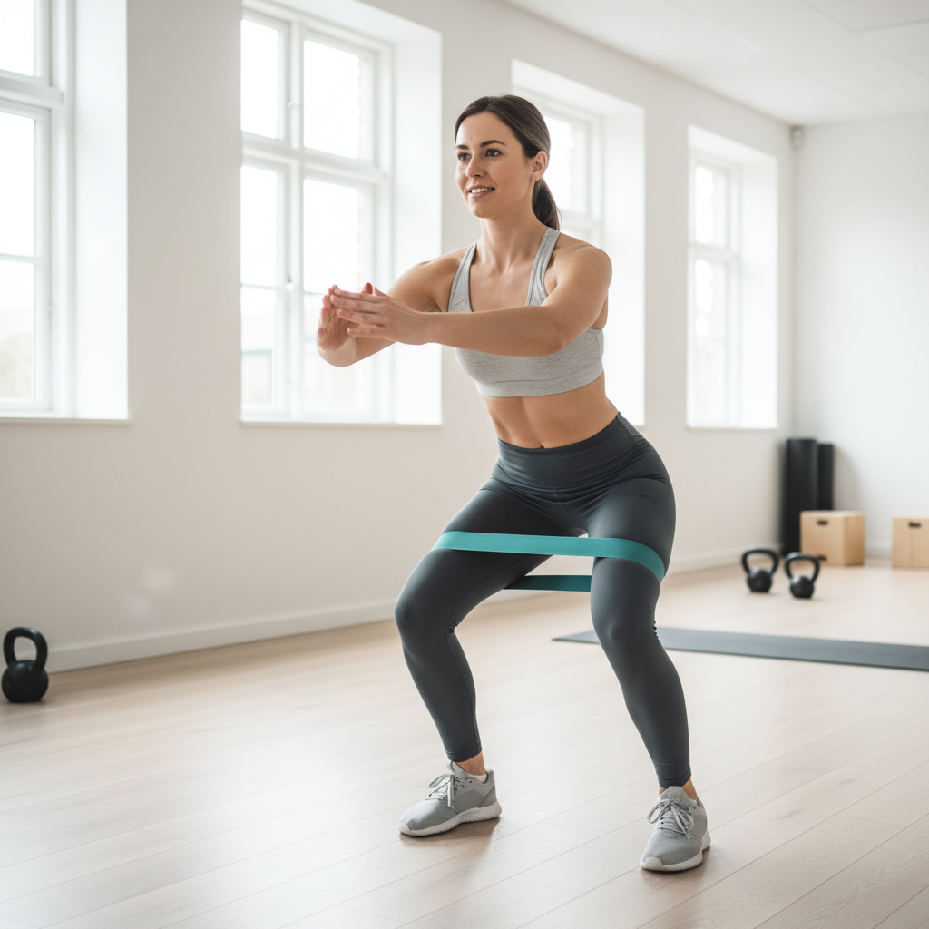 En person udfører en crab walk øvelse med en stof-miniband placeret omkring lårene i et moderne fitnesscenter. Personen er i gang med bevægelsen og aktiverer ben- og baldemuskler.