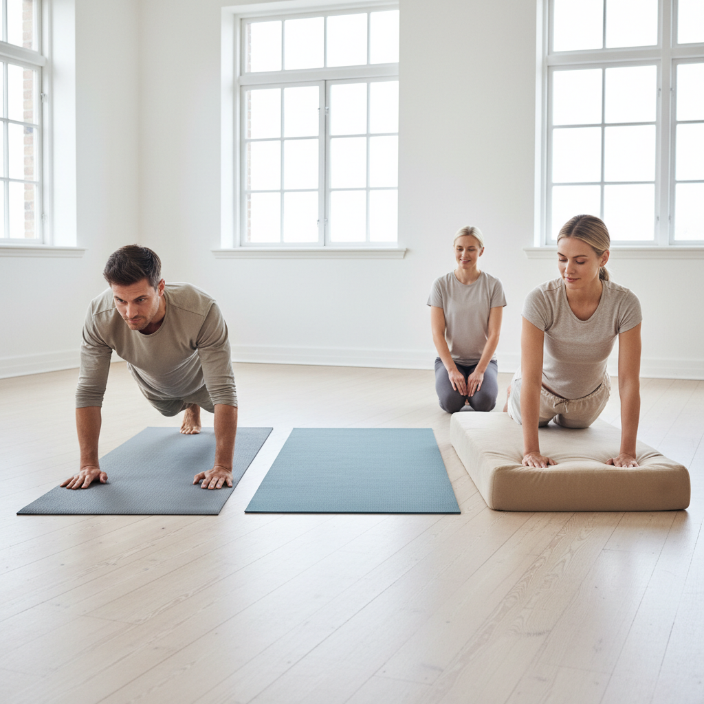 Tre forskellige træningsmåtter (yoga, pilates, fitness) med varierende tykkelser ligger side om side.
