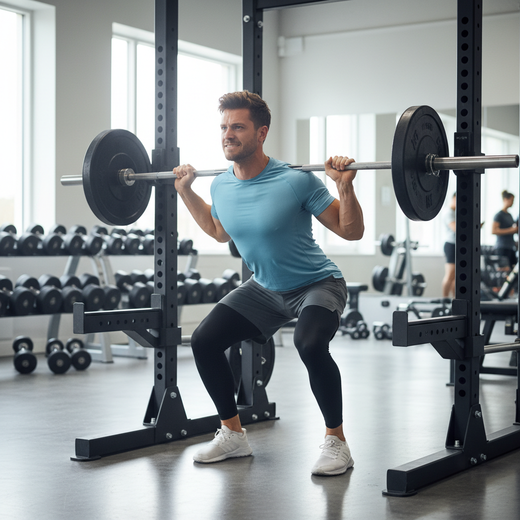 En muskuløs mand udfører en tung squat med en barbells i et moderne fitnesscenter, fokuseret på sin træning.