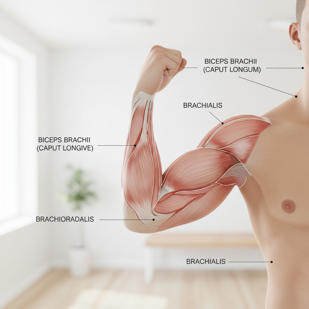 Anatomisk illustration der viser biceps brachii med fremhævelse af det lange og korte hoved samt brachialis og brachioradialis musklerne i overarmen.