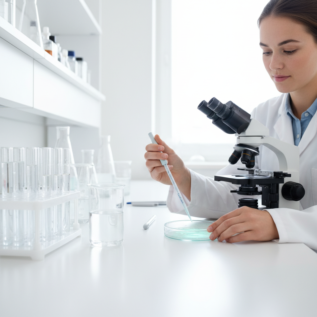 Nærbillede af et kemisk laboratorium med reagensglas, mikroskop og en petriskål, der symboliserer syntesen af peptider.