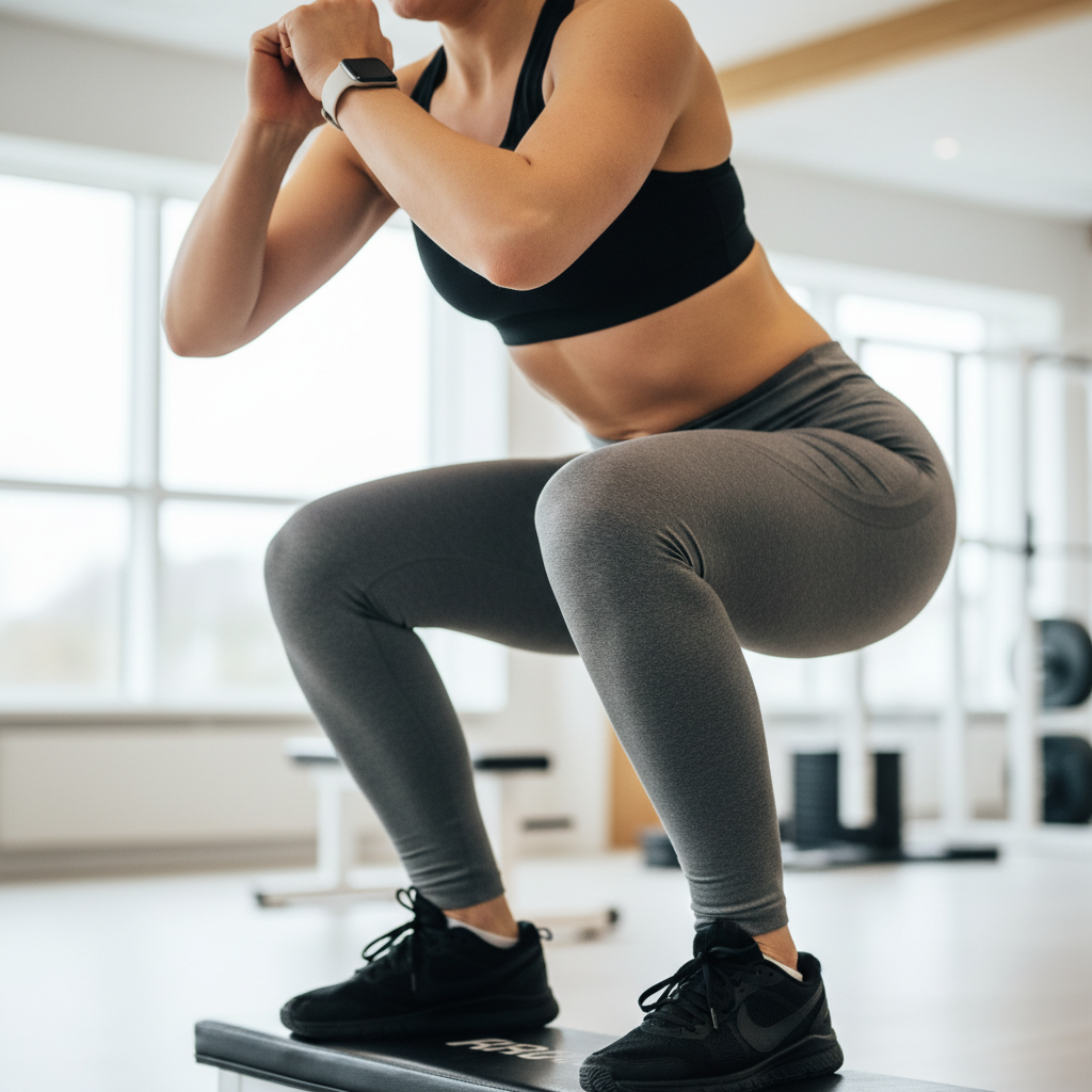 Nærbillede af et knæ, der falder indad (valgus kollaps) under en bulgarian split squat, illustrerer en almindelig fejl.