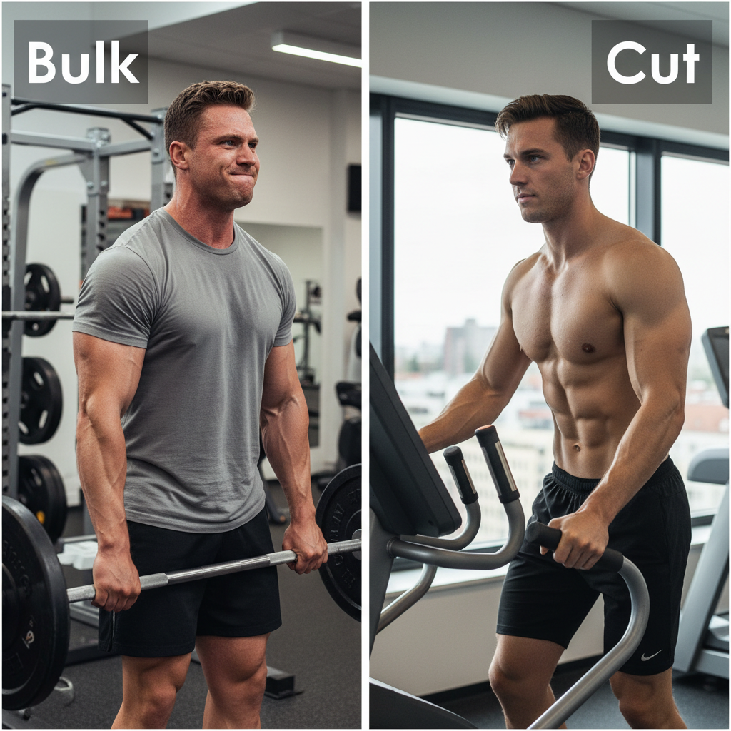To billeder ved siden af hinanden. Til venstre løfter en muskuløs mand tunge vægte, hvilket illustrerer 'bulk'. Til højre udfører den samme mand cardio med en lavere fedtprocent, hvilket illustrerer 'cut'.