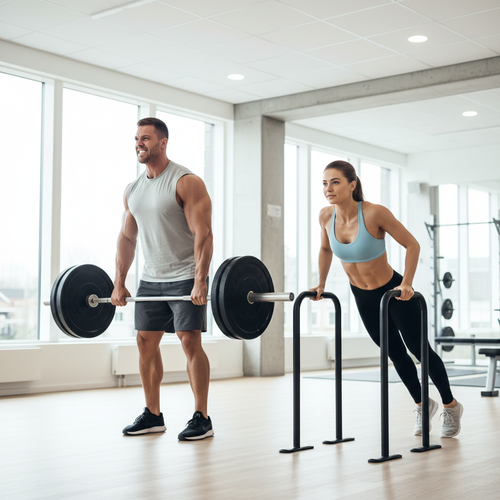 Billede af en muskuløs mand der løfter tunge vægte og en markeret kvinde der træner, der illustrerer kontrasterne mellem bulking og cutting.