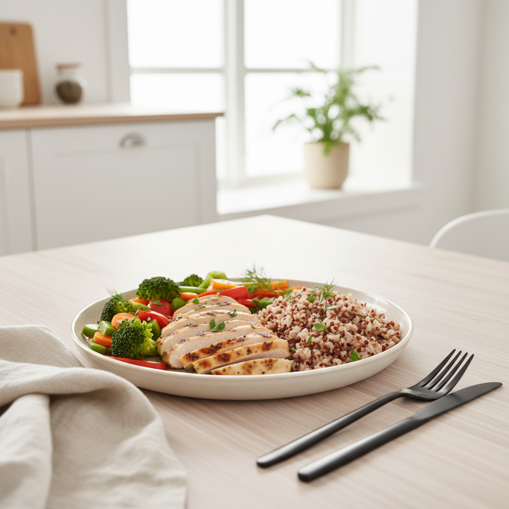 Et velanrettet måltid mad med kylling, ris og grøntsager, der illustrerer kost til en bulking-fase.