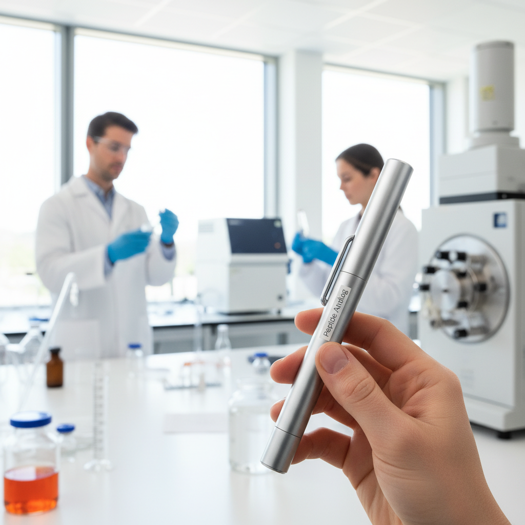 Billede af en forskerhånd, der holder en injektionspen med fokus på laboratorieudstyr i baggrunden, der symboliserer udviklingen af nye peptider som cagrilintid.