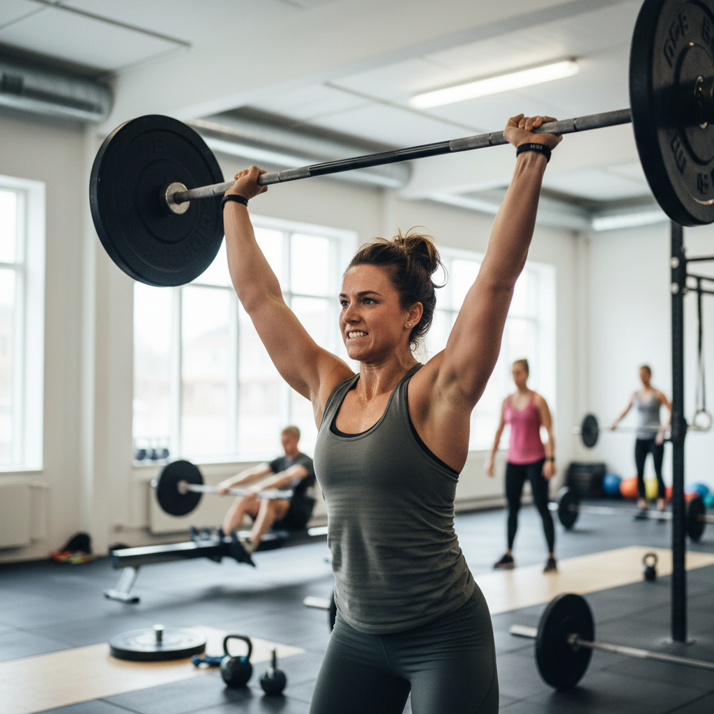 En kvinde løfter en vægtstang over hovedet i en clean and jerk øvelse i et crossfitcenter med svedperler i ansigtet, udtrykkende intensitet.