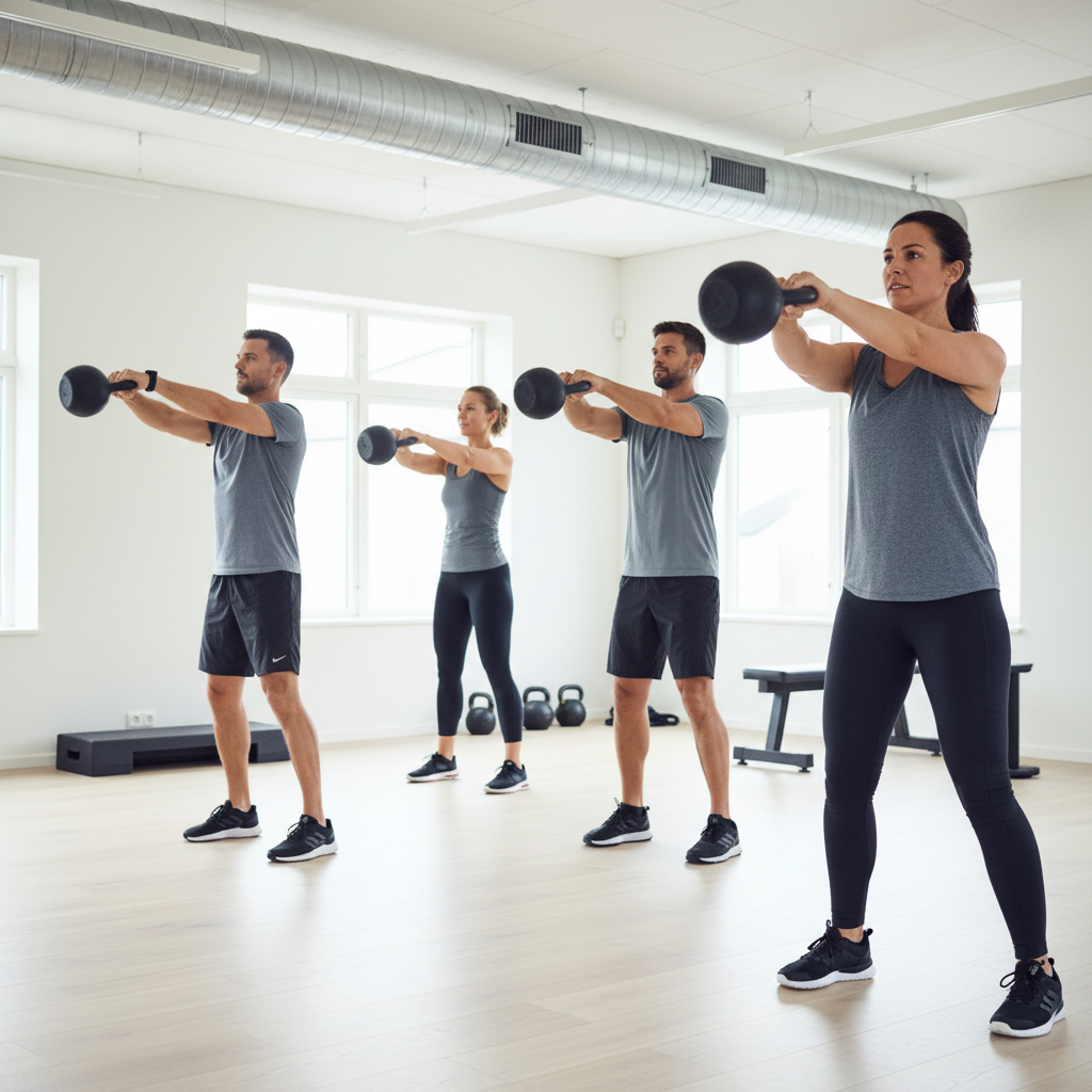 Gruppe af atleter udfører kettlebell swings under en funktionel træningssession i et fitnesscenter, der viser dynamisk styrke.