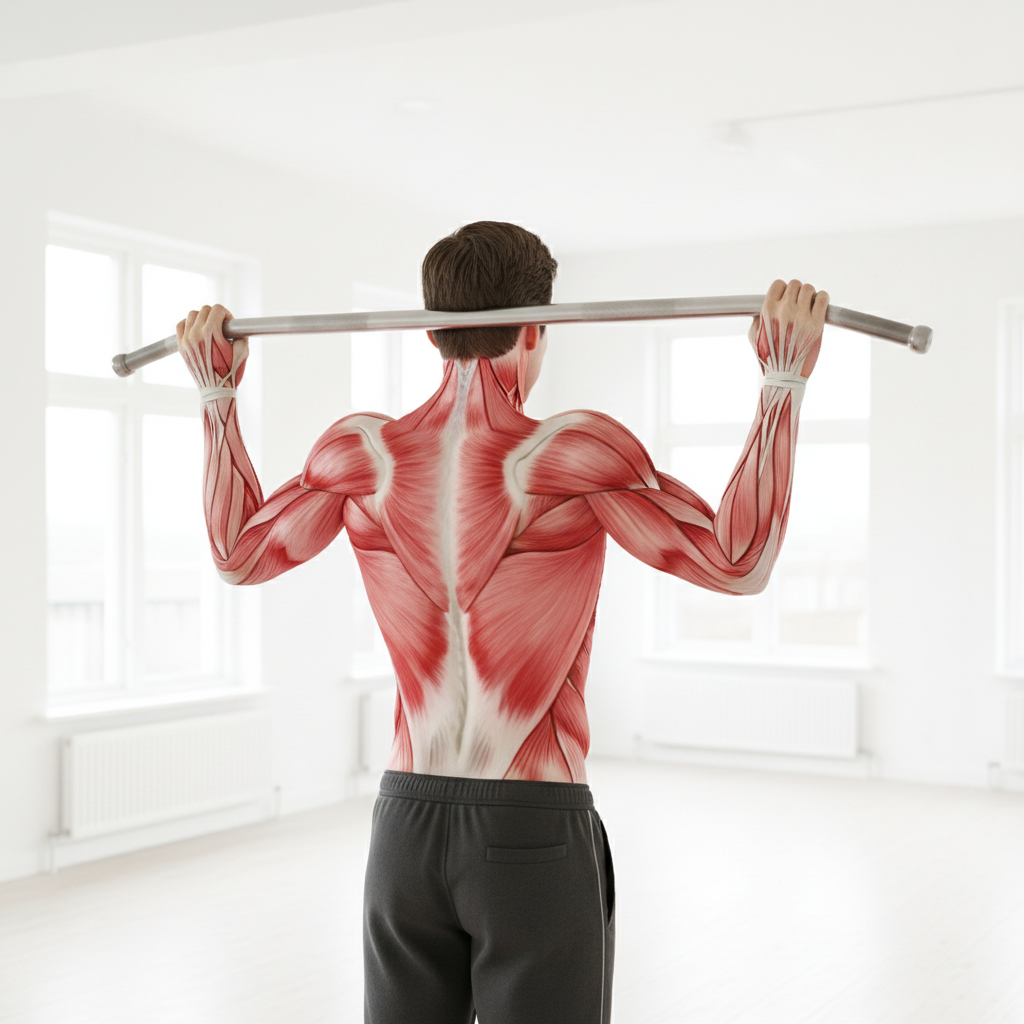 Illustration der viser de primære muskler, der arbejdes med under en chin-up, herunder biceps og den brede rygmuskel (latissimus dorsi).
