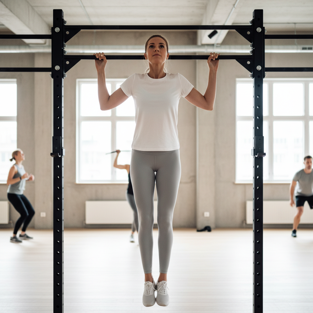 En person udfører en chin-up med korrekt teknik, hvor hagen er over stangen og kroppen er stabil.