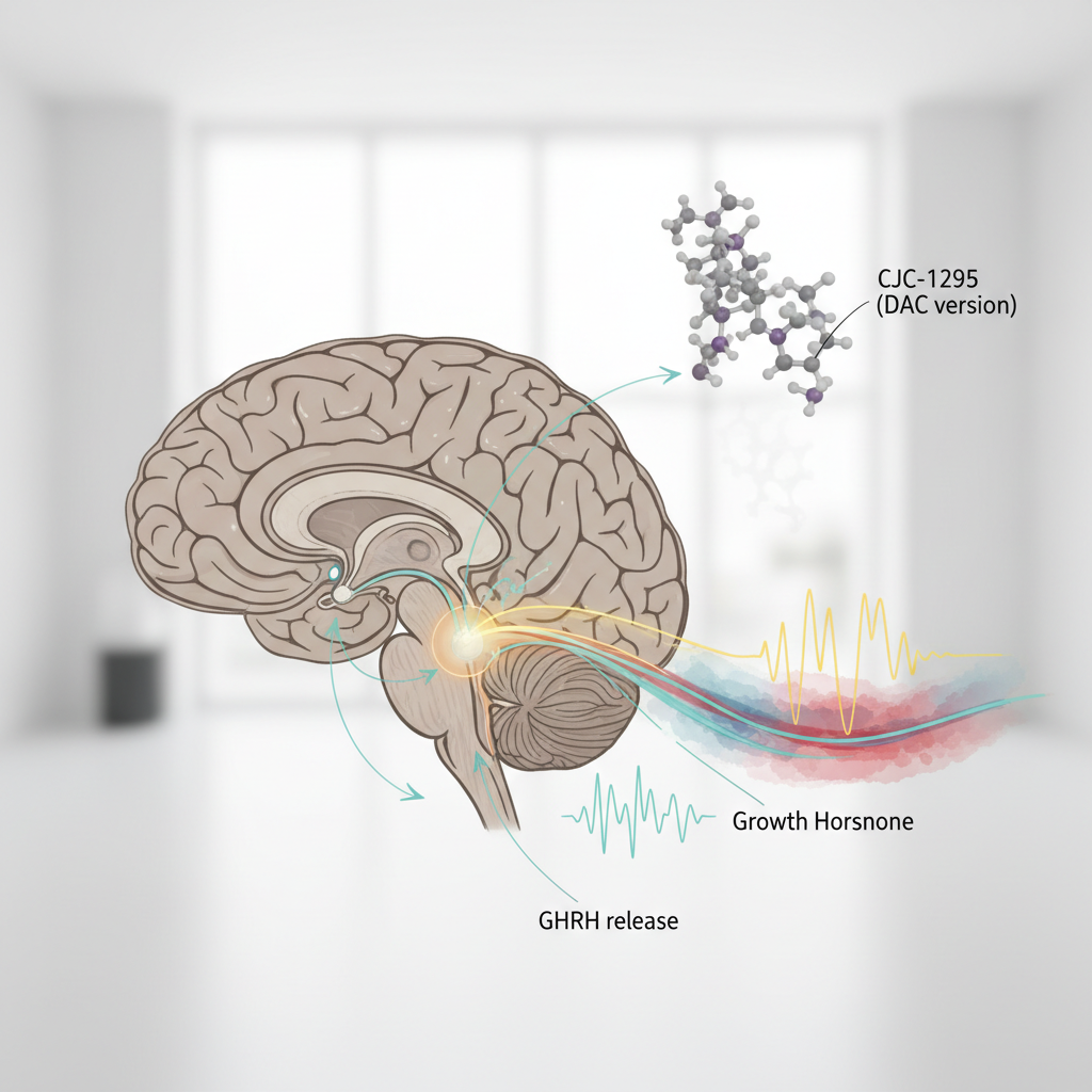 Illustration af hypotalamus i hjernen, der stimulerer hypofysen til at frigive væksthormon, og hvordan CJC-1295 forstærker denne proces