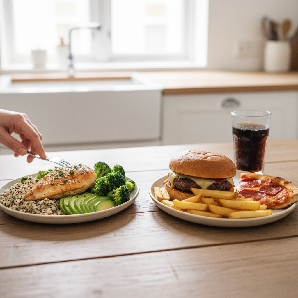 To tallerkener ved siden af hinanden, der illustrerer forskellen mellem clean og dirty bulk. Den ene tallerken har en sund ret med kylling og grøntsager, den anden har burger og pomfritter.