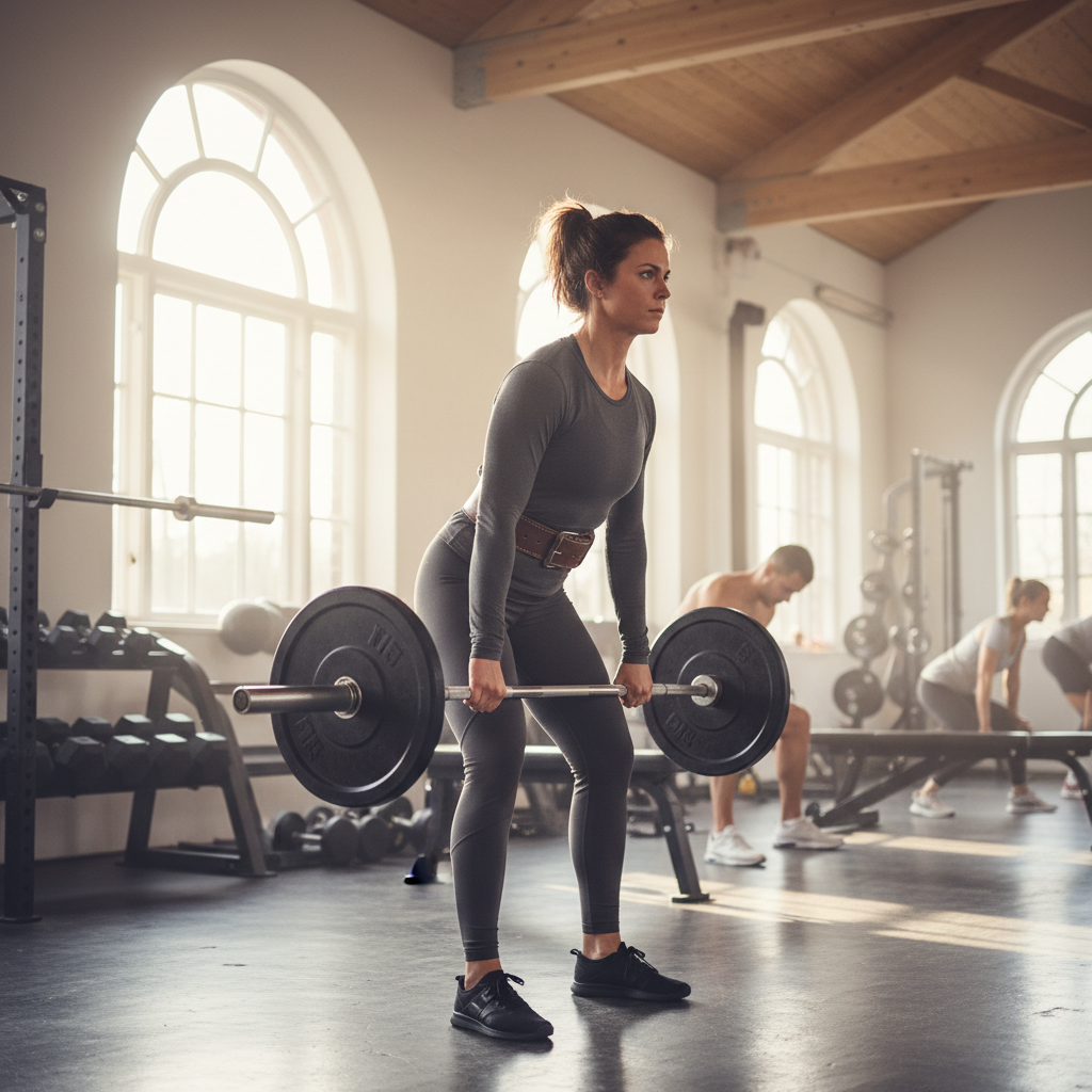 En atletisk kvinde løfter vægte intensivt i et moderne fitnesscenter, fokuseret på sin træning.