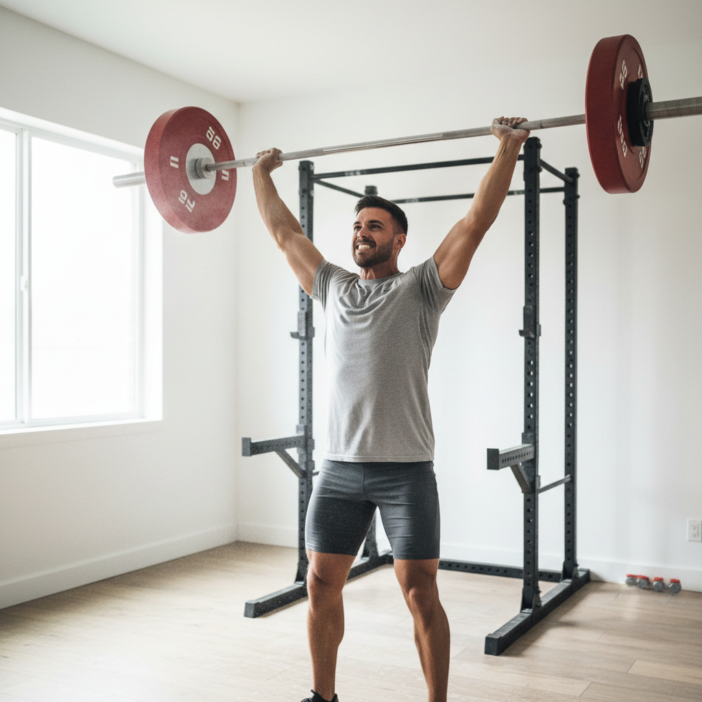 En mand udfører et clean and jerk løft med en vægtstang og sorte bumper plates i et hjemmegym