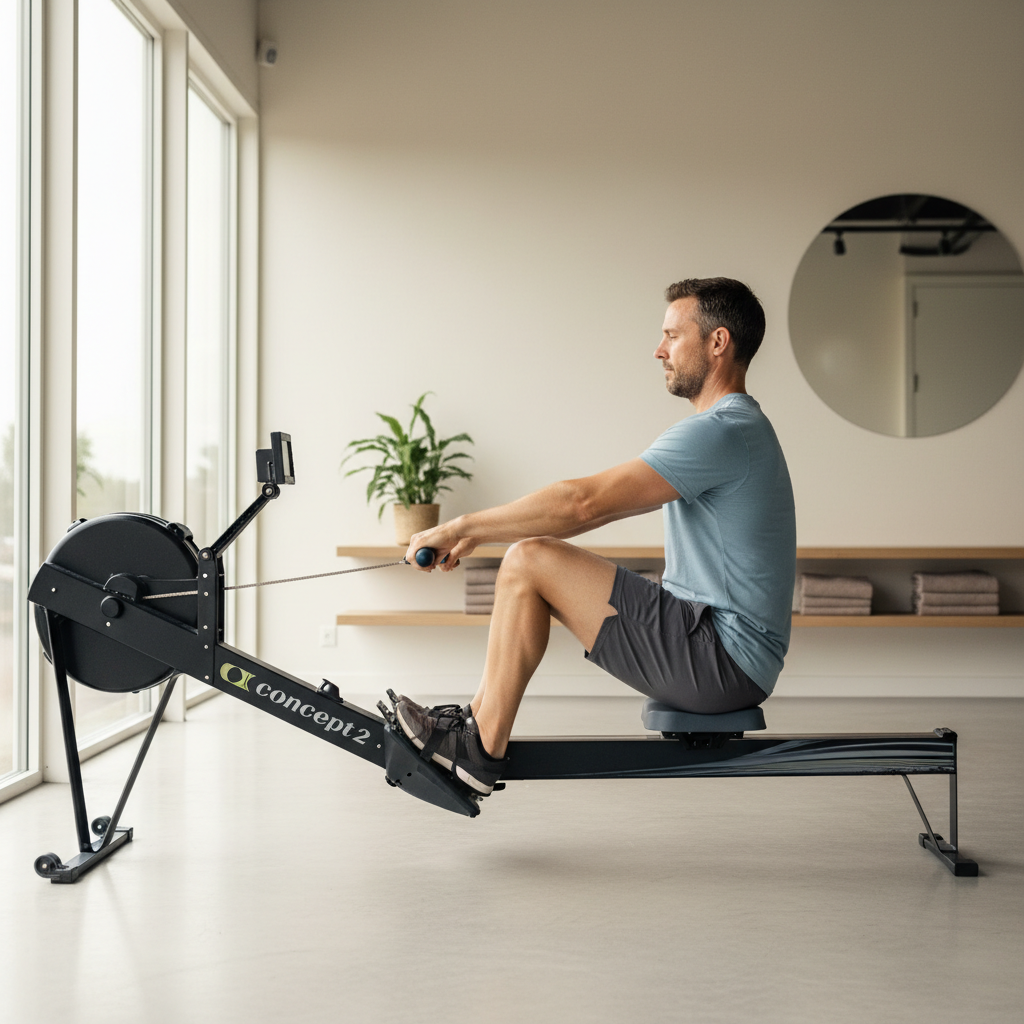 En person sidder på en romaskine i et hjemmegym og udfører intense træk