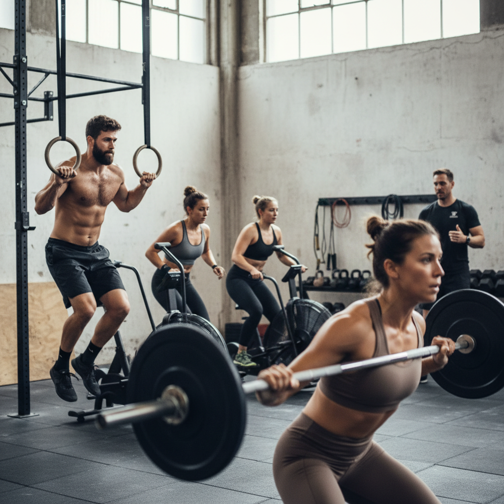 En gruppe CrossFit-udøvere udfører en intens WOD, med en der løfter en vægtstang, en anden der laver muscle-ups i ringe, og en tredje på en airbike.