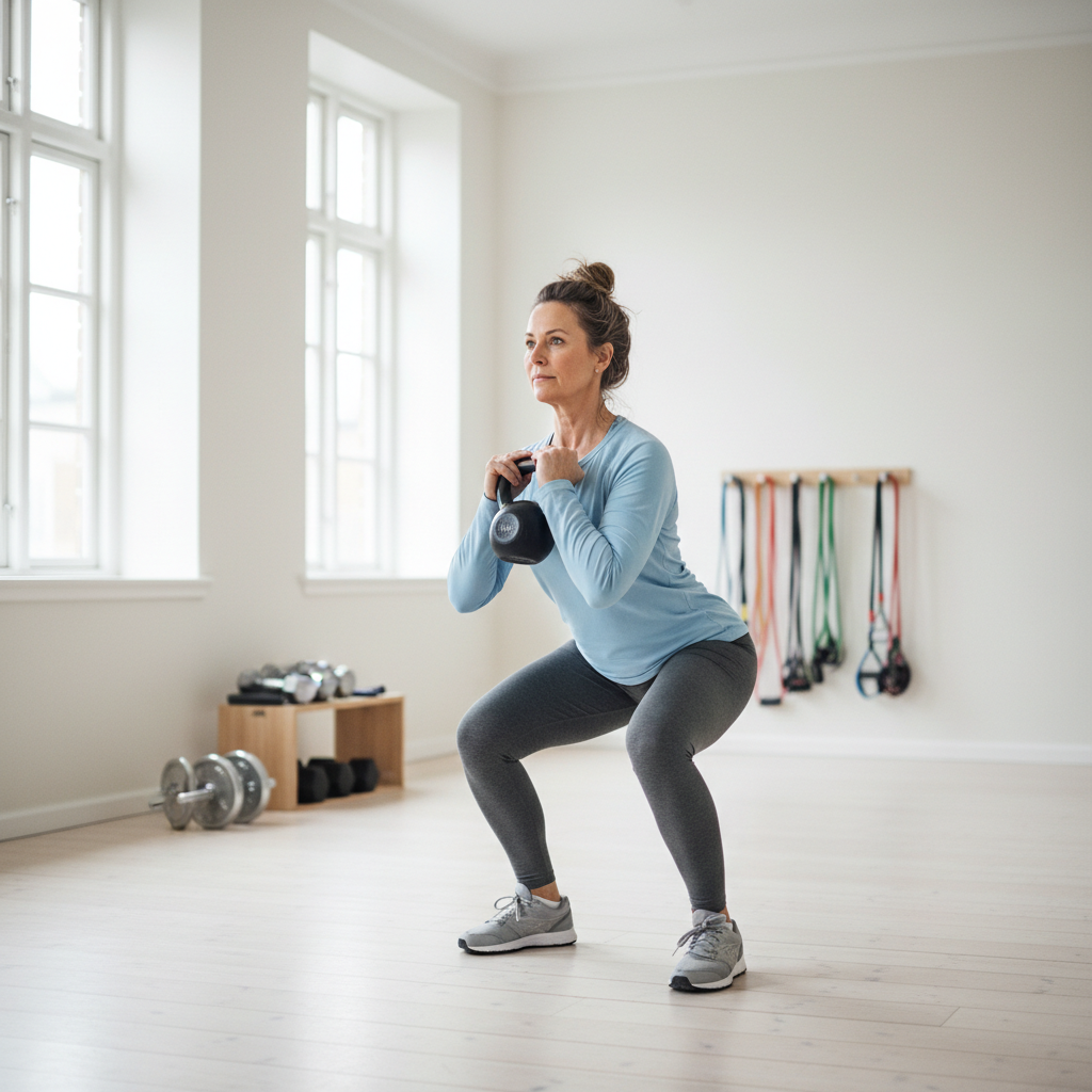 En kvinde udfører et kontrolleret kettlebell squat som en del af hendes funktionelle træning.